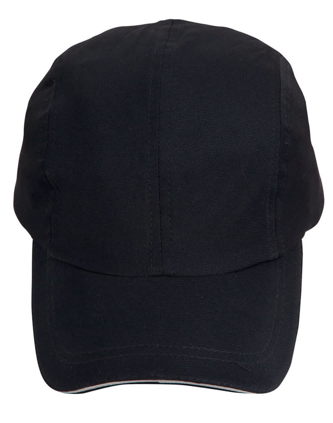 A black cap with a curved brim and a logo on the front, designed for headwear.