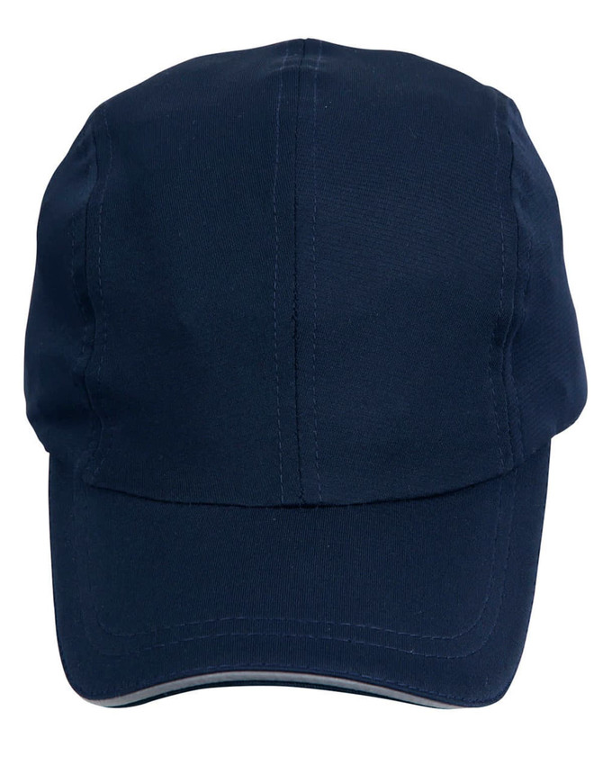 A navy cap with a curved brim and an interior logo tag. Simple design suitable for casual wear.