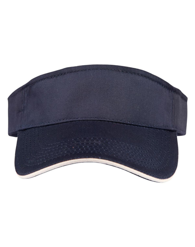 A navy blue sandwich visor with a wide brim and an adjustable strap; features a logo on the front.