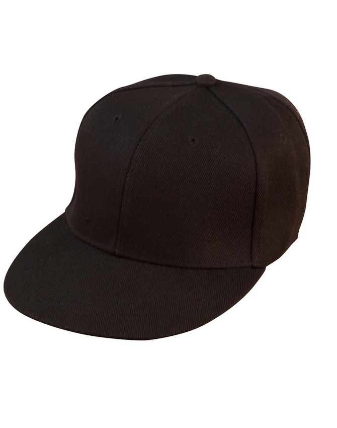 A black snapback cap with a flat brim and a structured crown. It features a logo on the front.