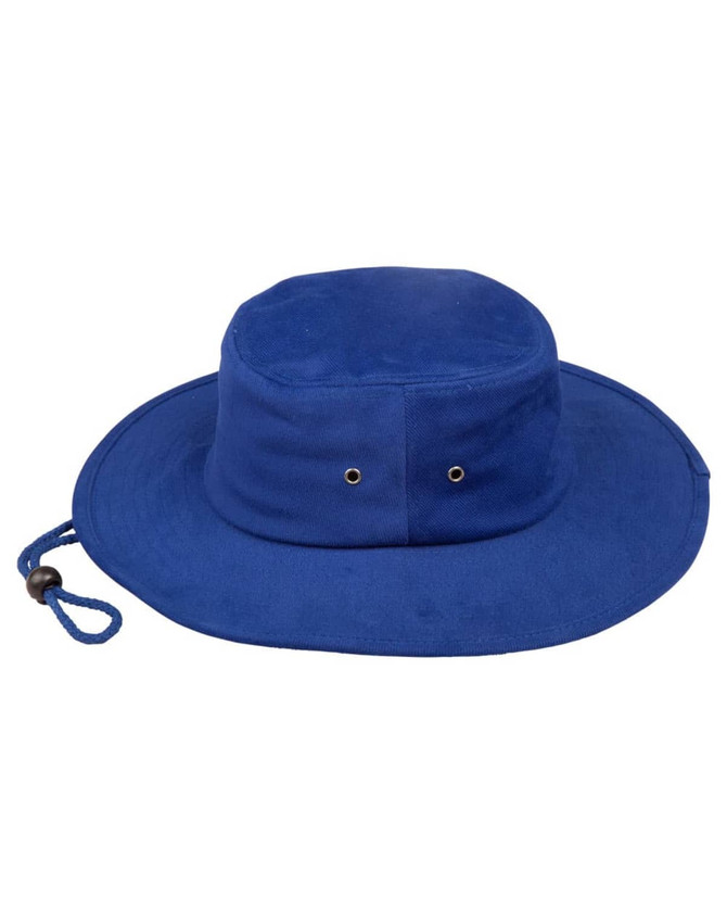 A blue brimmed hat with eyelets and an adjustable drawstring. Features a round crown and wide brim.