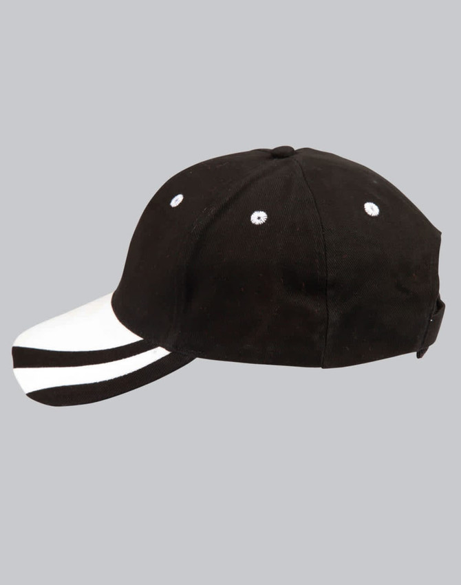 A black and white structured cap featuring a black body, white peak, and a logo on the side.