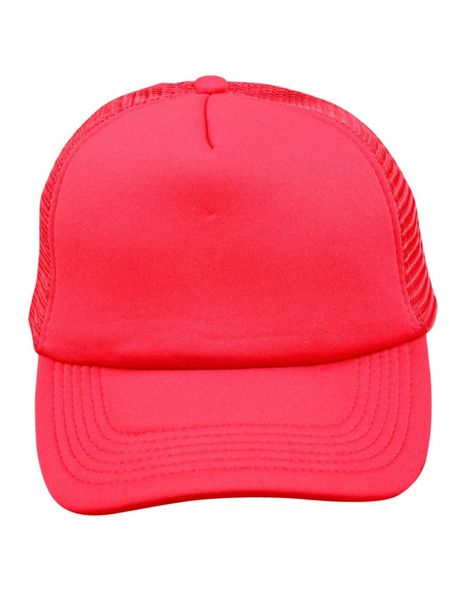 A red trucker cap with a solid front panel and mesh side panels. It features a structured brim and has a logo.