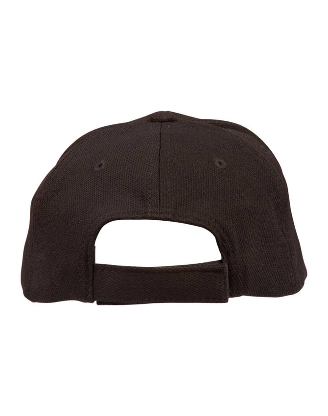 A black cap featuring a textured mesh design and an adjustable strap at the back. It has a logo on it.