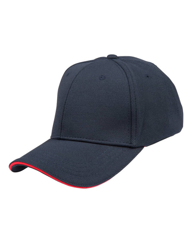 A navy blue cap with a contrasting red brim and a logo on the front.