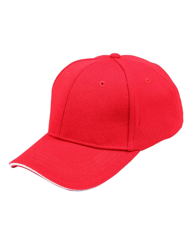 A red cap with a pique mesh design and contrasting detailing, featuring a logo.