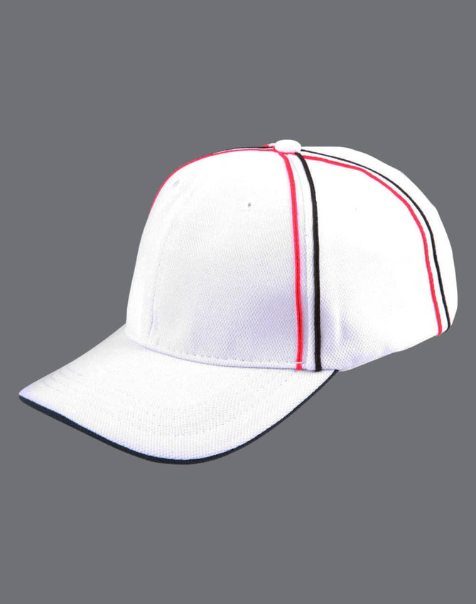A structured cap in white with red and black contrasting stripes, featuring a small logo.