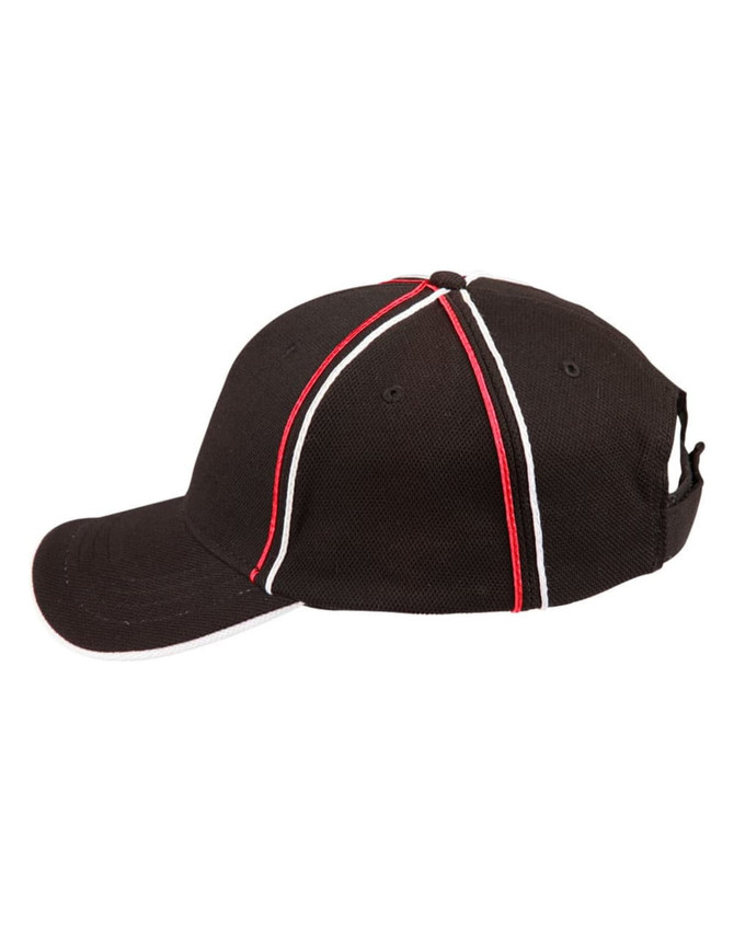 A black cap with red and white stripes, featuring a structured design and a logo on the side.