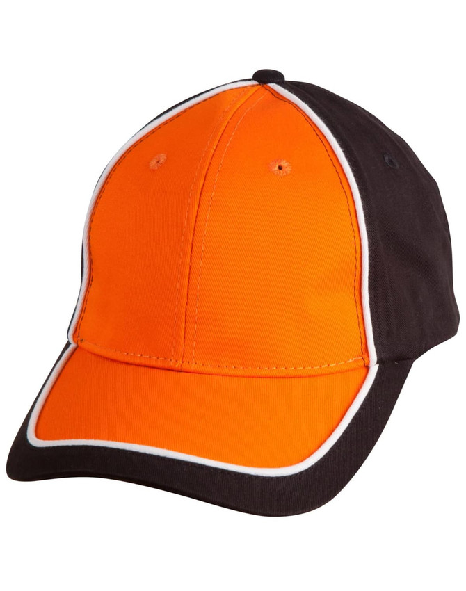 A two-tone cap featuring an orange front and black sides with white piping. It includes a logo on the front.