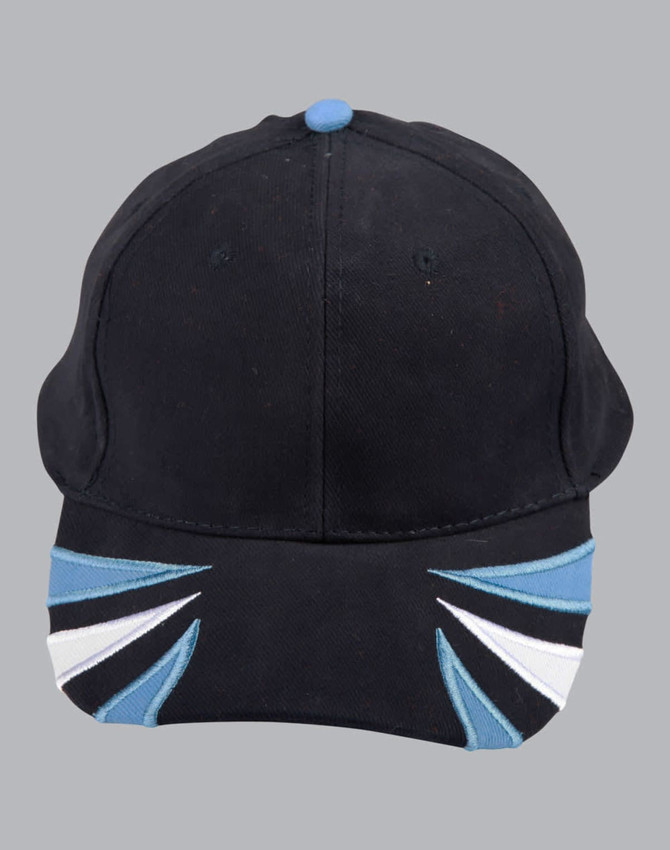 A tri-colour cap featuring black, white, and blue design elements, with an attached logo.