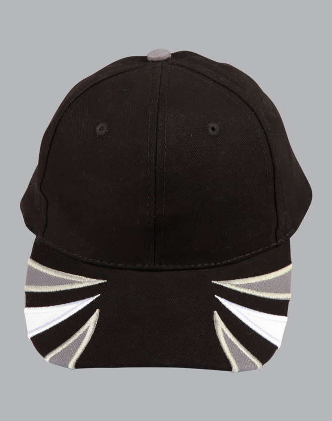 A black cap with tri-colour designs in white and grey on the brim and featuring a logo.