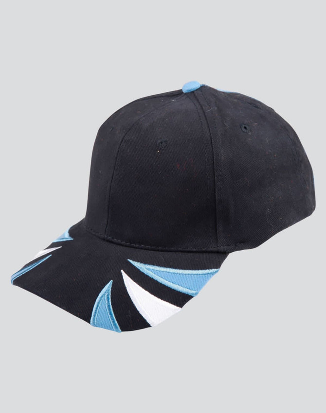 A black cap with tri-colour design featuring blue and white accents, and a logo on the front.