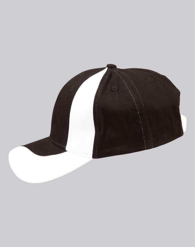 A black and white baseball cap with a logo, featuring a striped design and a curved brim.