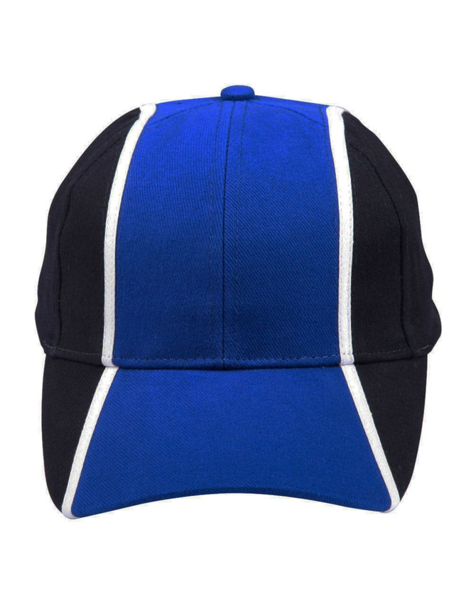 A tri-colour baseball cap featuring blue and black panels with white detailing. It includes a logo on the front.