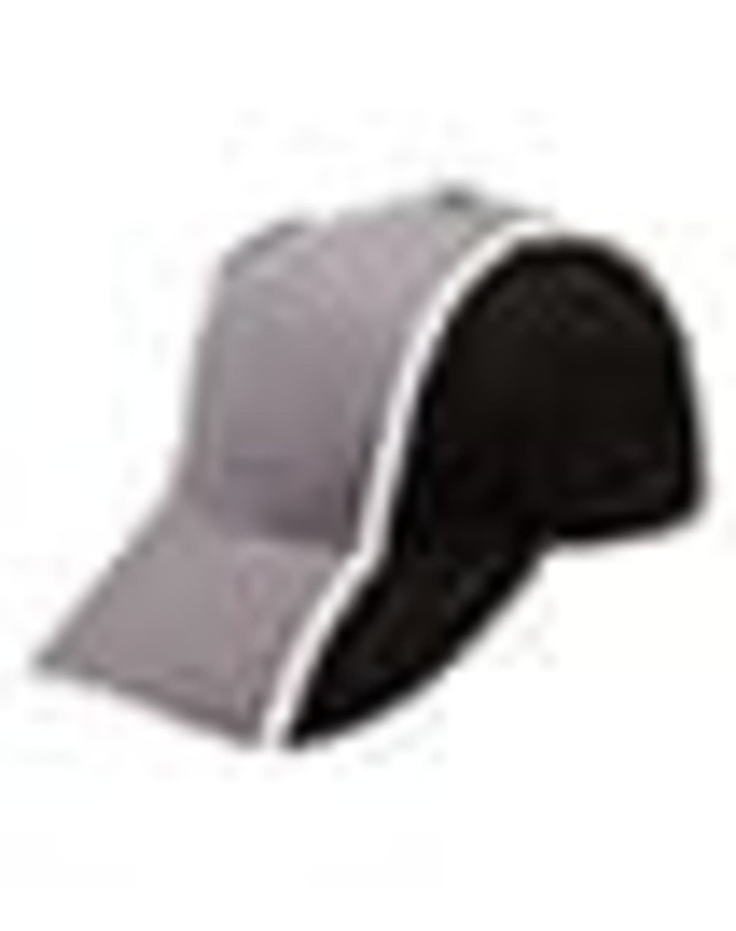 A tri-colour baseball cap featuring grey, black, and white shades with a logo.