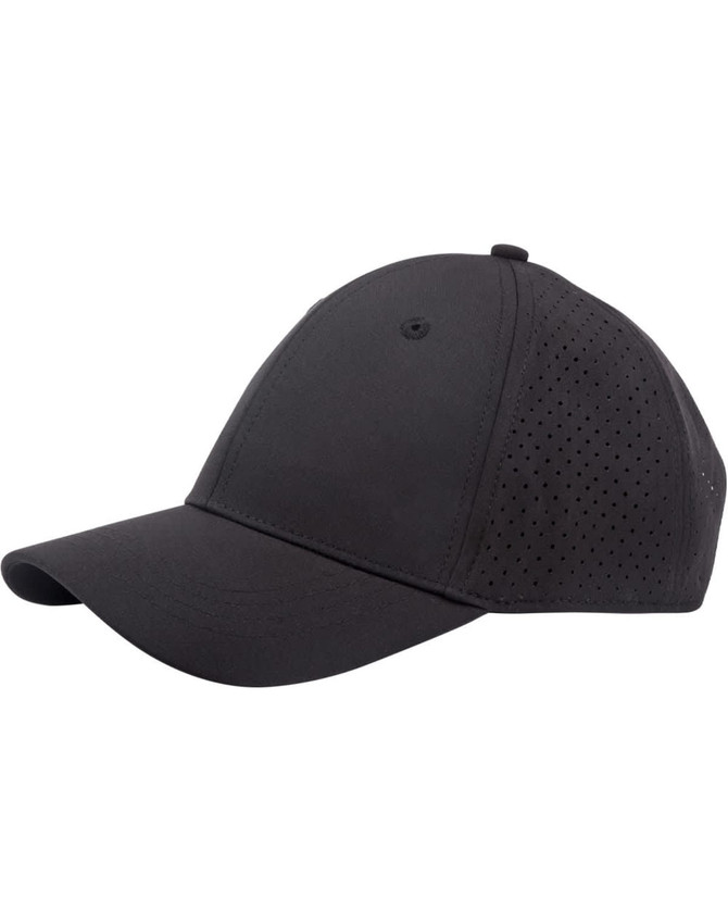 A black 4-way stretch cap with laser-cut ventilation holes and a curved peak, featuring a logo.