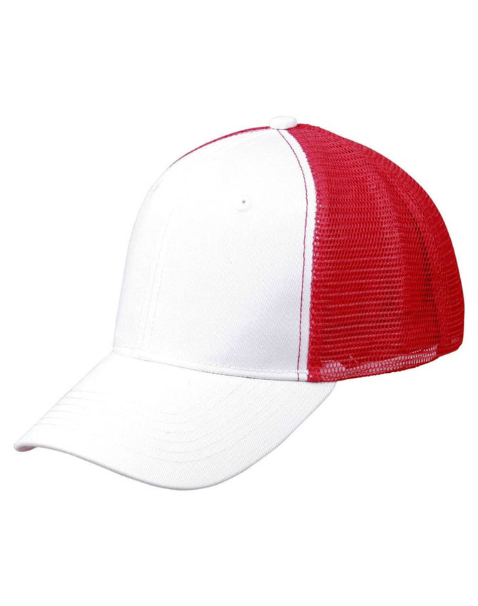 A white and red trucker cap made of premium cotton twill, featuring a mesh back and a logo.