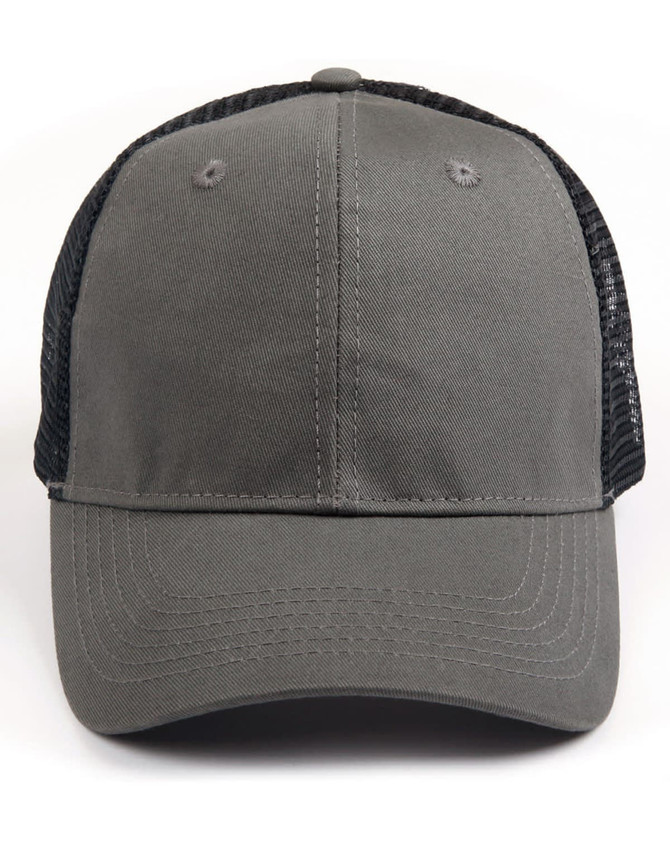 A premium cotton twill trucker cap in grey with a black mesh rear and a logo on the front.