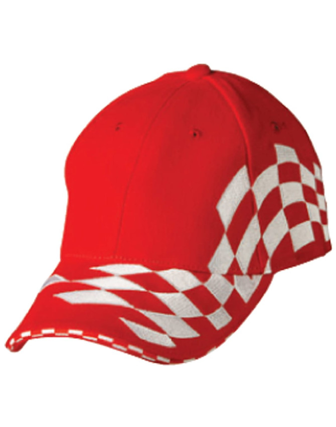A red cap featuring white checkered embroidery across the front and brim. It has a logo on the side.