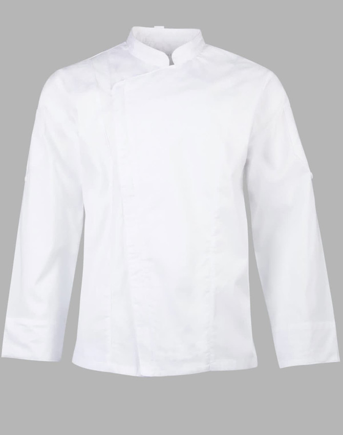A white chef jacket with long sleeves and a mandarin collar, featuring a logo on one side.