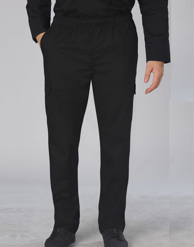 Black men's functional chef pants with an elastic waistband and side pockets, featuring a logo on the fabric.