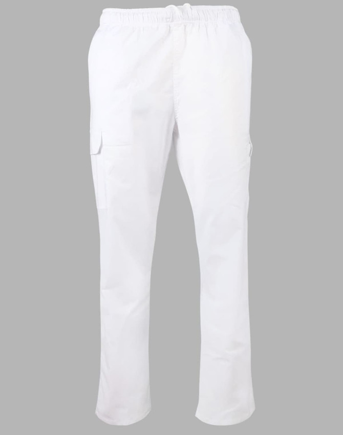 White chef pants featuring an elastic waistband and side pockets. The pants have a logo on them.