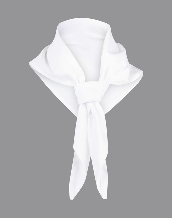 A white Chef's Scarf with a knotted design, featuring a smooth, lightweight fabric and a subtle logo.