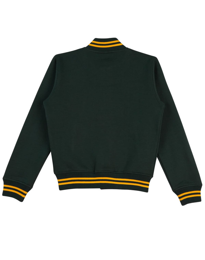A dark green varsity jacket with yellow and white striped cuffs and collar, featuring a logo.