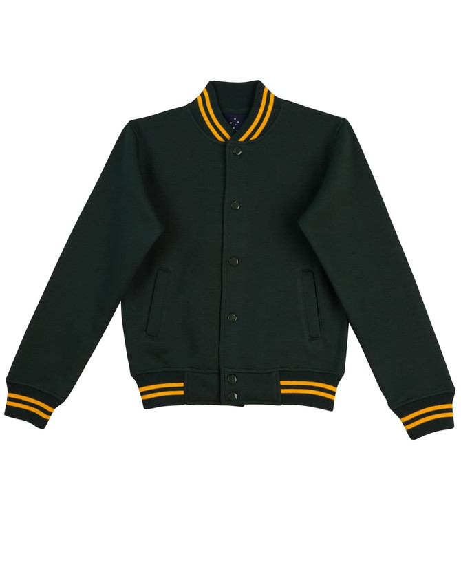 A green kid's fleece varsity jacket with yellow striped collar and cuffs, featuring a logo.