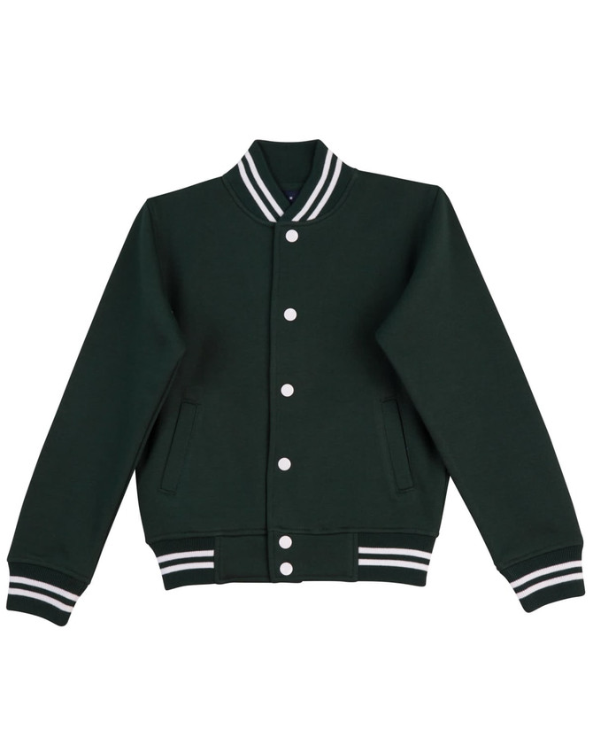 A green varsity jacket featuring a collar, striped cuffs, and a front button closure. It includes side pockets and a logo.