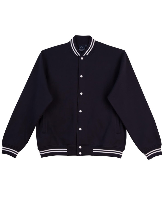 A black kid's fleece varsity jacket with white striped ribbing and a front button closure. It has a logo on the inside.
