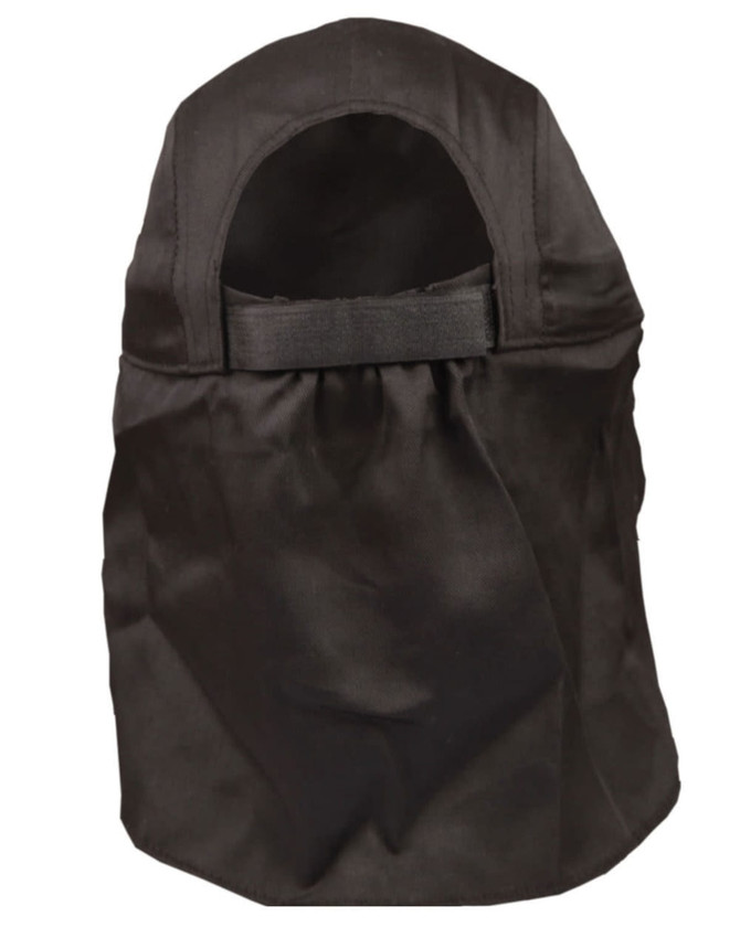 A black poly cotton legionnaire hat with an open back and an adjustable strap. It features a logo on the side.