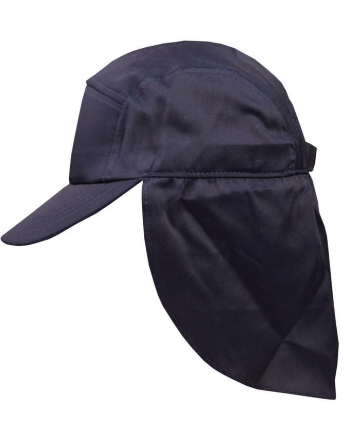 A navy poly cotton legionnaire hat featuring an extended neck flap and a front brim, with a logo on the side.