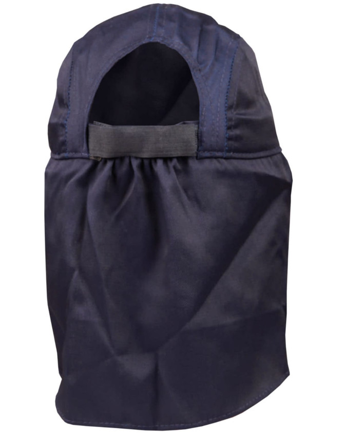 A navy poly cotton legionnaire hat with an open back and gathered fabric. It includes a branding logo.
