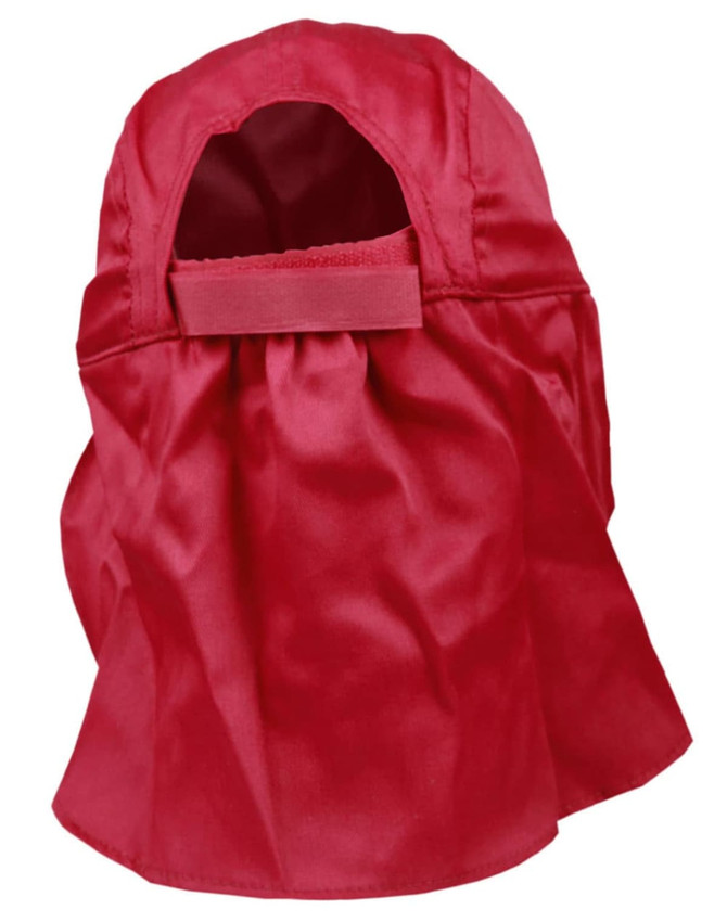 A red poly cotton legionnaire hat with a neck flap and an adjustable strap at the back. Features a logo.