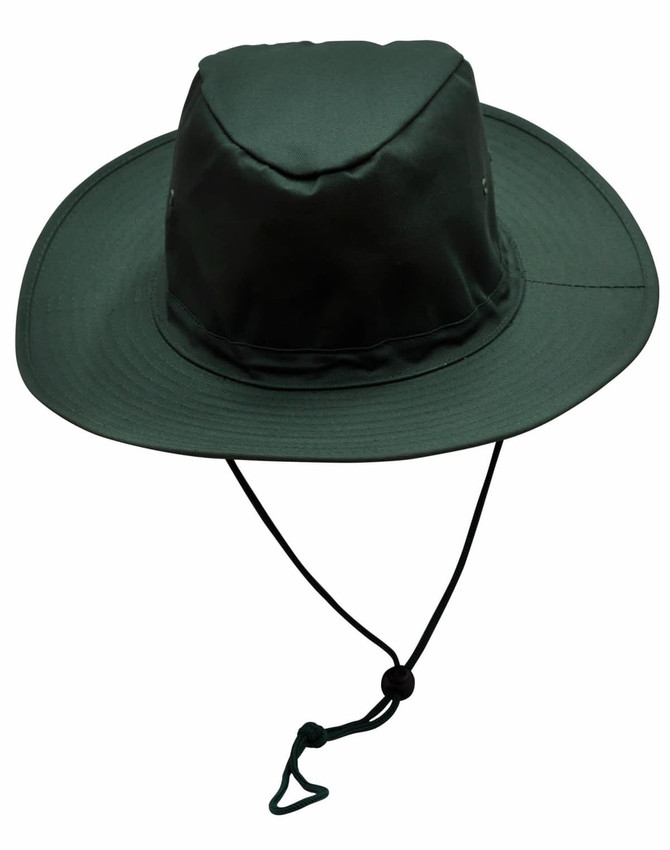 A green slouch hat with a wide brim, featuring a break-away clip and an adjustable chin strap.