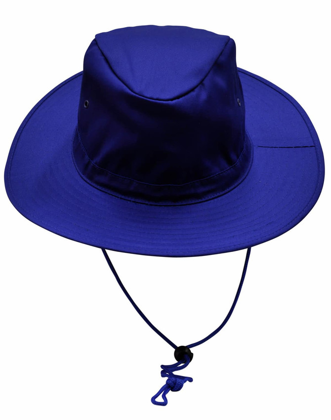 A blue slouch hat with a wide brim and a break-away clip on the chin strap. It includes a logo.