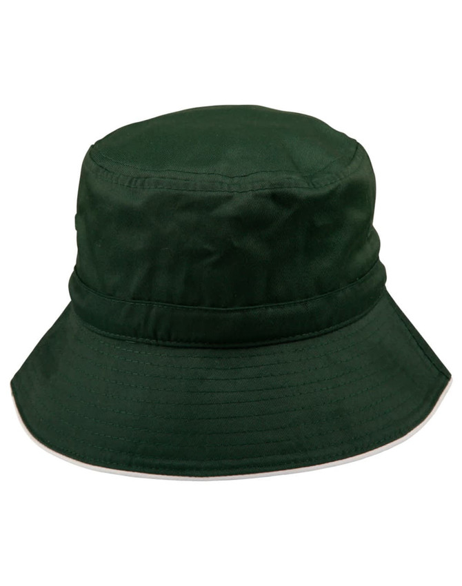 A green bucket hat with a wide brim and an adjustable toggle, featuring a logo.