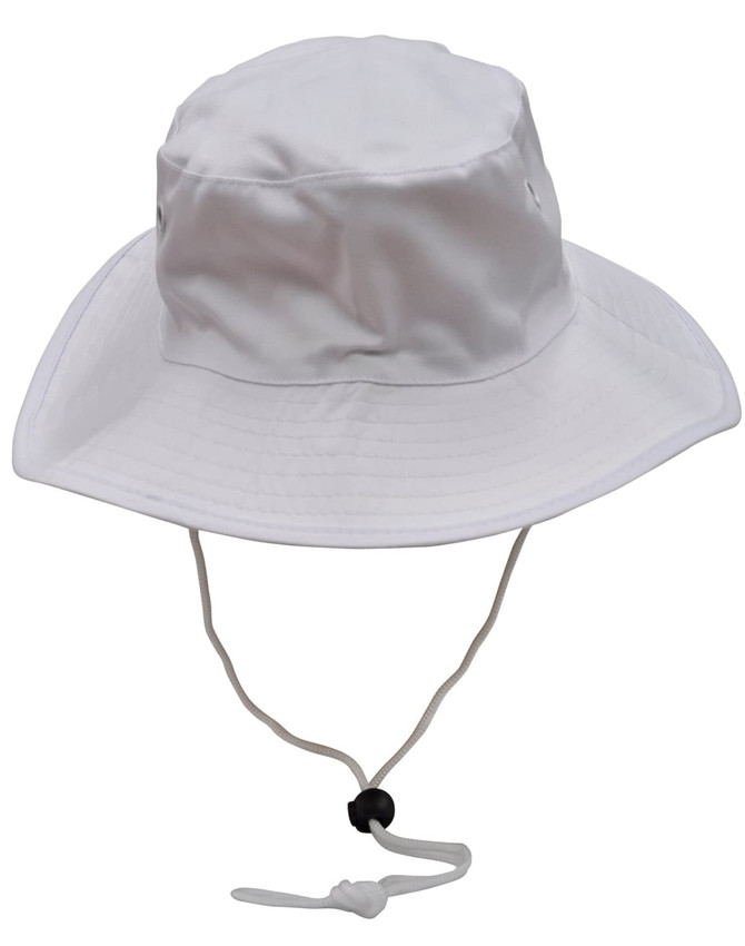 A white surf hat featuring a clip-on chin strap and a wide brim, designed for outdoor use.