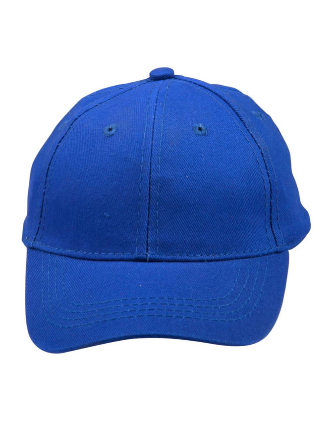 A blue brushed cotton cap featuring a curved brim and vent holes. It has a logo on the front.