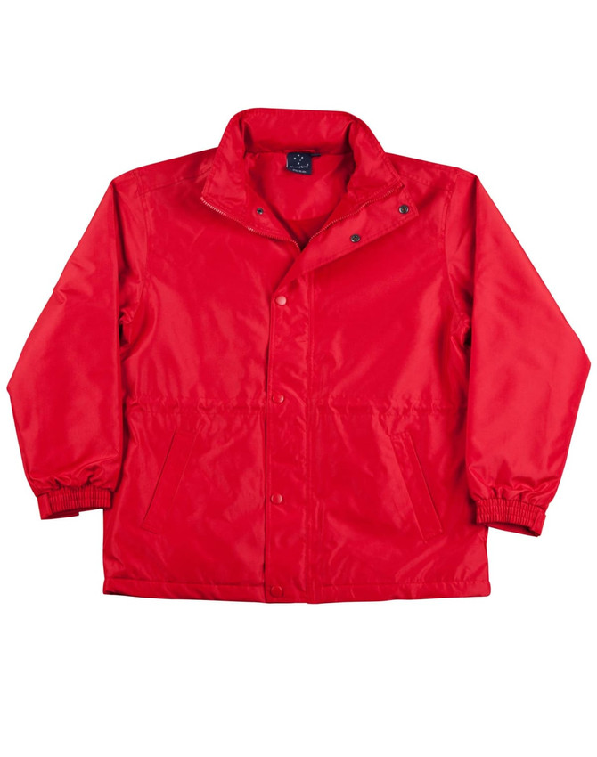 A red varsity jacket with a snap button front, elastic cuffs, and side pockets, featuring a logo.
