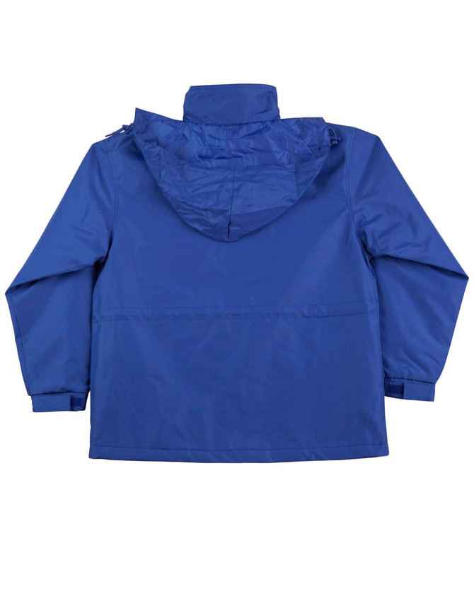 A blue kids' contrast jacket with a hood and a logo on the back.