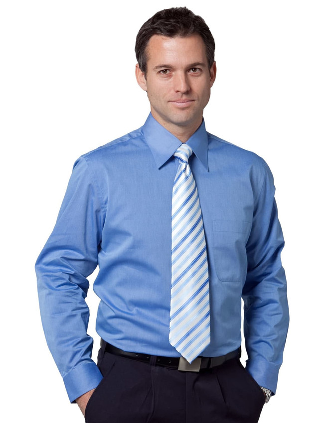 A light blue men's long sleeve button-up shirt, featuring a chest pocket and worn with a diagonal striped tie.