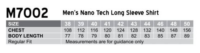 A grey size chart for a Men's Nano Tech Long Sleeve Shirt, detailing chest and body length measurements.