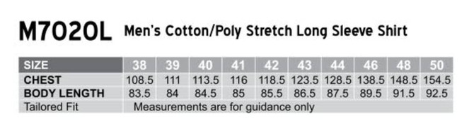 A chart detailing sizes for a men's cotton/poly stretch long sleeve shirt, including chest and body length measurements.
