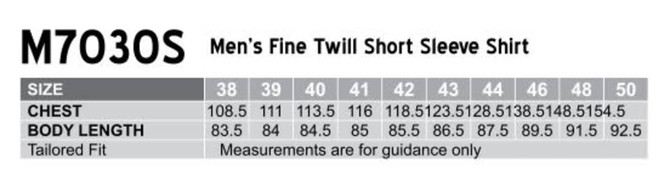 A table displaying size measurements for the Men's Fine Twill Short Sleeve Shirt, including chest and body length in centimetres.