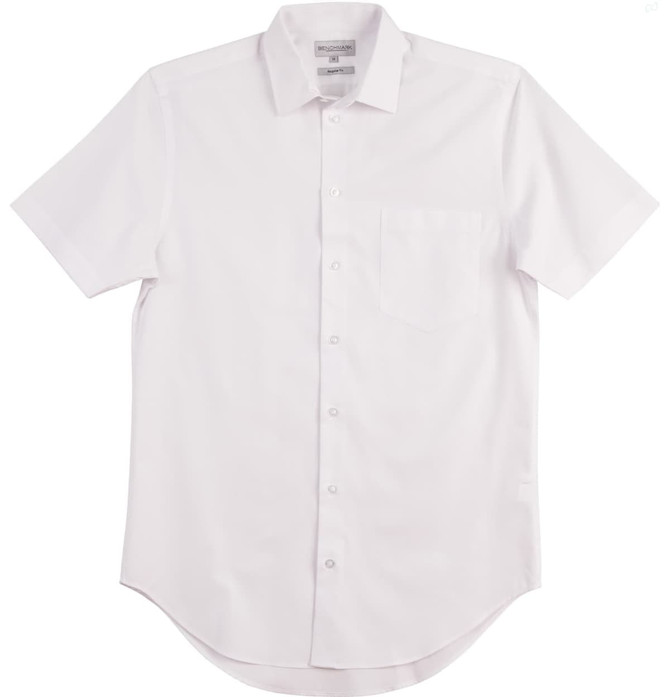 A white short-sleeve button-up shirt with a pocket and a logo. Clean and simple design.