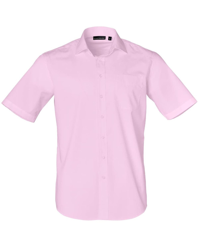 A pink short-sleeved button-up shirt with a pocket and a logo on the collar.