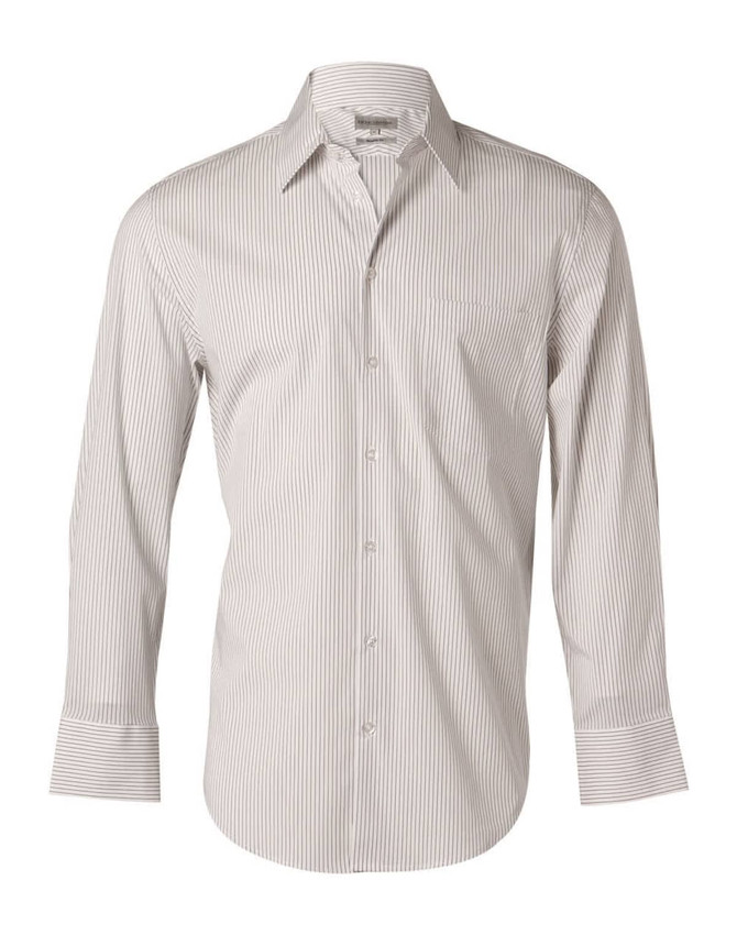 A men's long-sleeve button-up shirt in white with thin grey ticking stripes. Features a chest pocket and a logo.