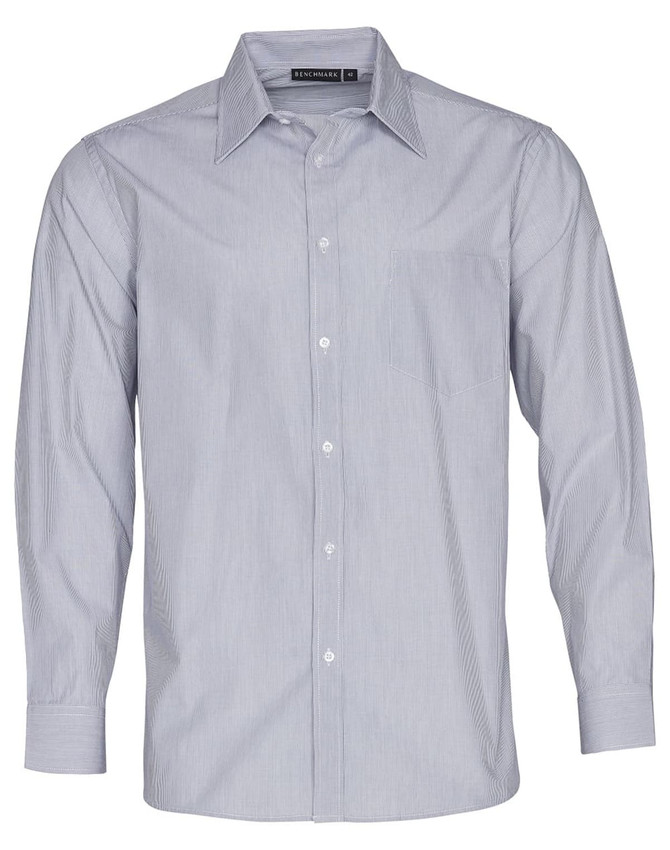 A men's long sleeve button-up shirt featuring fine stripes in light grey and white, with a chest pocket and logo.